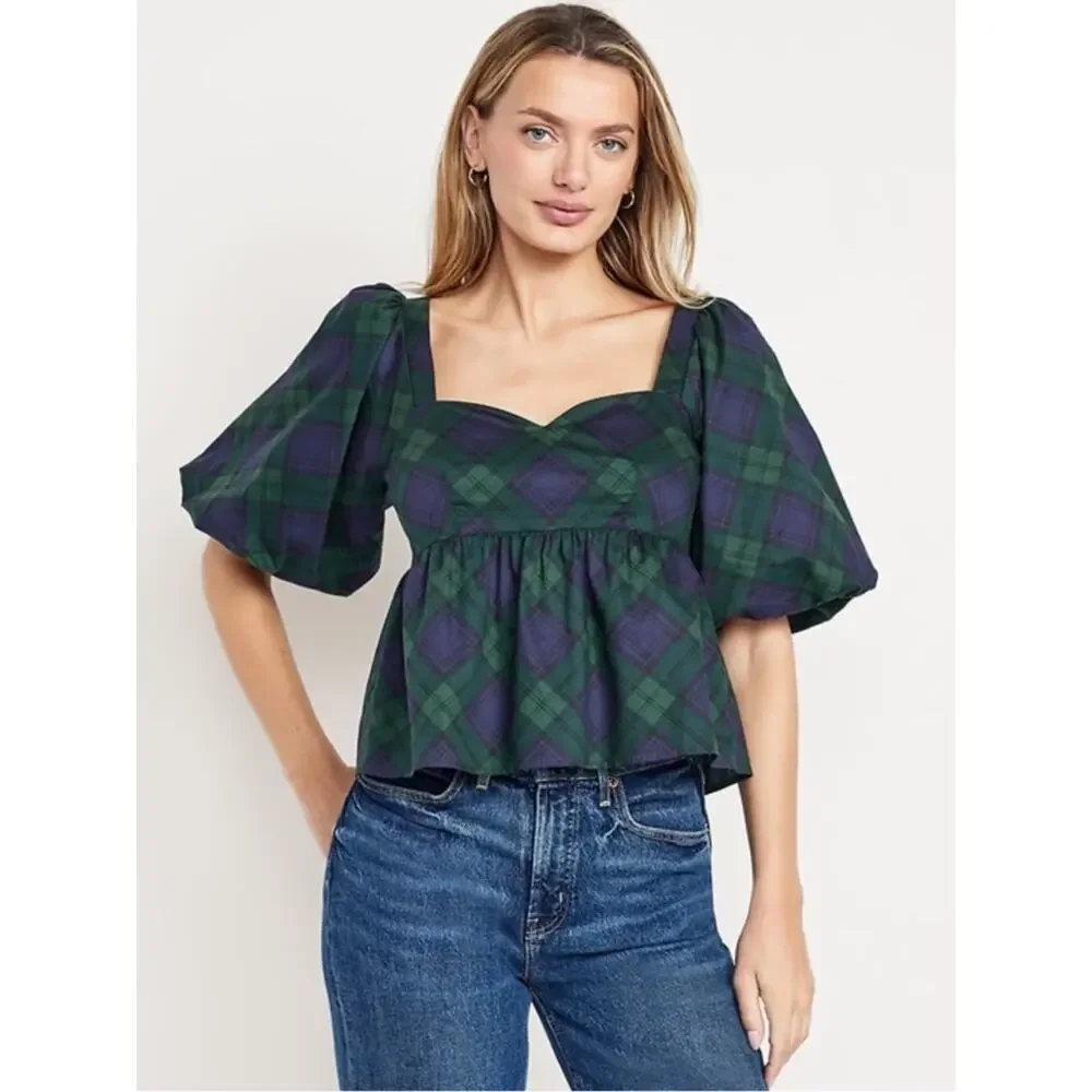 Old Navy green plaid Puff-Sleeve Plaid Poplin Peplum Top